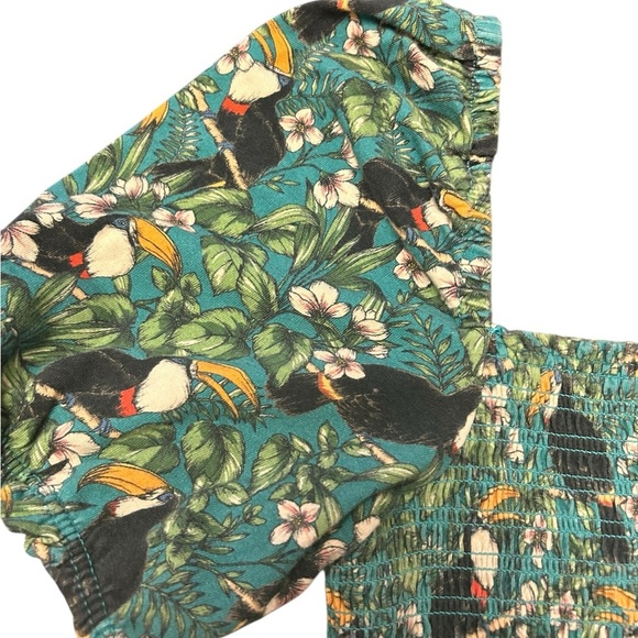 Anthropologie Dolan Green Tropical Toucan Print Smocked Puff Sleeve Top Size S - Picture 4 of 6